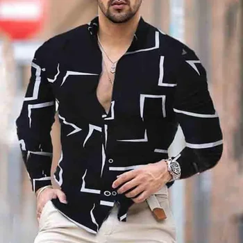 Пролетно-есенни мъжки приталенные ризи с дълги ръкави и геометрични принтом 2023 г., черни модерен ризи