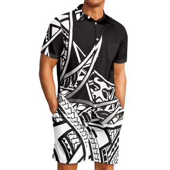 Татуировка с тотем Полинезийски племе, Фиджи, Щампи Фиджи, Нови Мъжки комплекти на блузи с ревери, Градинска дрехи, Черно-бели плажни шорти с къс ръкав