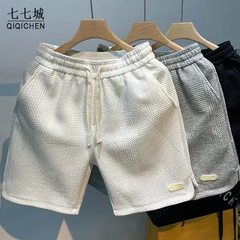 Летни ежедневни панталони Мъжки обикновена Спортни шорти с вафли за бягане в Корейски стил с еластична шнурком, Свободни панталони с дължина до коляното, градинска облекло
