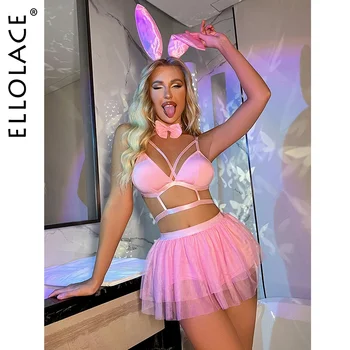 Ellolace Бъни, розово бельо, секси пола-балон, ярки екзотични комплекти от 5 теми, дантелено бельо за нощен клуб, облекло за танци на един стълб с рюшами.