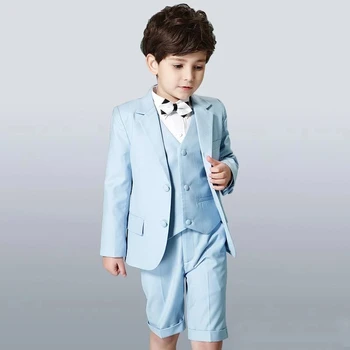 Нов кратък дизайн, светло синьо Детски Сватбен блейзър, Бизнес костюм за парти по случай рождения ден на момчето, Бизнес костюм, 3 предмет, яке, панталони, жилетка