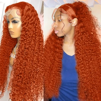 Luvin 30-инчов Червеникаво-оранжево Свободен Къдрава Прозрачен перука от човешка коса на дантели с дълбока вълна, 13х4 перука на дантели за жени
