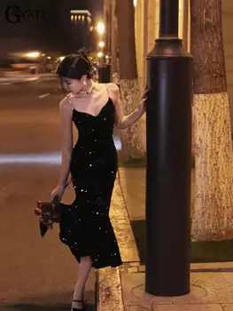 GBYXTY Рокля Русалка в стил Мозайка с пайети във френски стил от Женски Секси вечерна рокля без ръкави с диаманти на спагети презрамки-спагети ZA3213