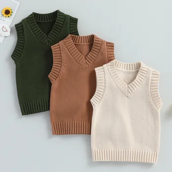 Жилетка-пуловер за деца, обикновена възли жилетки без ръкави с V-образно деколте за малки момчета и момичета, ежедневни облекла, есен-зима
