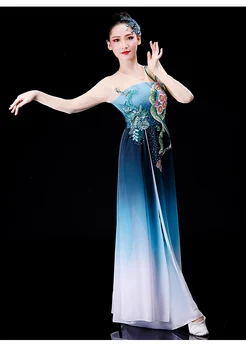 Класически танцов костюм, дамски елегантен танц с фен на lotus в китайски стил, танцов костюм Янко, модерен танцов костюм соло