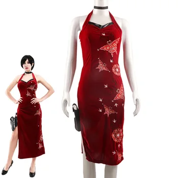 Женствена рокля за cosplay Ад Ван на Хелоуин, женски костюм с бродерия в стил Чонсам, решетчатое Зло червена рокля