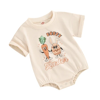Великден дрешки за новородени момичета и момчета, Гащеризон с къс ръкав и принтом хубаво Заек, Летни дрехи за бебета
