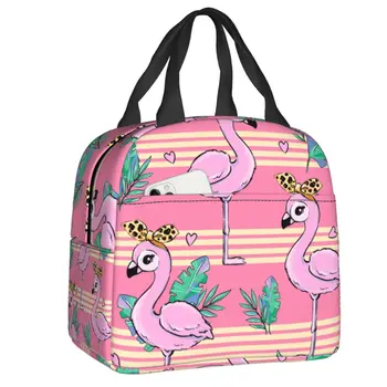 Сладък фламинго с леопардовым лък, тропически листа, термоизолированные чанти за обяд, женствена чанта за обяд с птици, училищната кутия за хранене на открито,