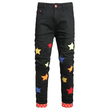 Мъжки дънкови панталони в стил хип-хоп с лоскутным модел под формата на звезди, модни градинска дрехи, прилепнали разтеглив дънкови панталони, с окъсани низами