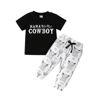 Модни летни комплекти дрехи за малки момчета с къс ръкав, блузи с писмото принтом + панталони с принтом глави едър рогат добитък, спортен костюм