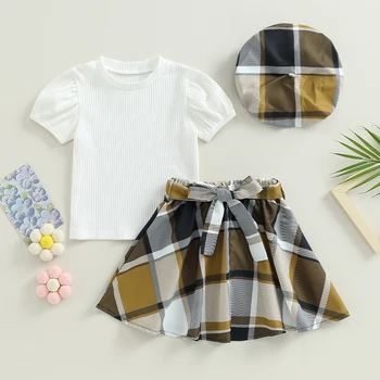 Комплект летни дрехи за момичета от 3-7 години, бебешки блузи в рубчик с къс ръкав + Клетчатая плиссированная пола + Взима, детска ретро облекло