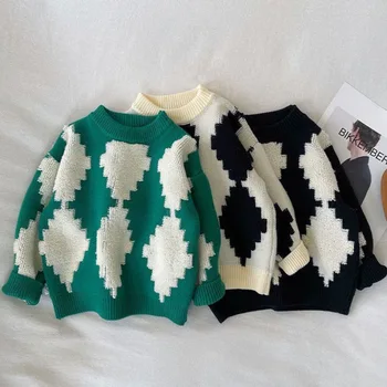 Вълнен пуловер за момчета, вязаный на една кука, памучно плетиво 2023, Стилно есенно-зимни ученически върховете от плътно кадифе, топъл детски дрехи