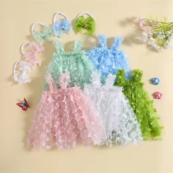 FOCUSNORM, 6 цвята, сладка рокля-плъзгачи за малки момичета, 0-24 ч, без ръкави, дантелени гащеризони от тюл с 3D пеперуди + комплект превръзка на главата