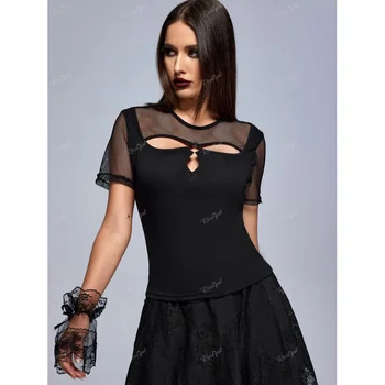 ROSEGAL, готическия деликатен топ с пръстен и поставяне на мрежата, дамски модни блуза с къси ръкави, ризи, черен
