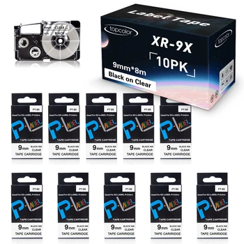 Лента за принтер 10PK 9 мм Черен в Прозрачен Етикет Лентата за Casio XR-9X XR9X, Съвместима с Casio Label Maker KL-7400 KL-8100