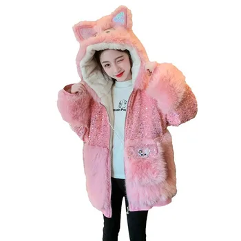 Детско зимно пушистое палто с герои от анимационни филми, модни дебело облекло с качулка и пайети за момичета, детско палто с имитация на кожа и отвътре, детско палто