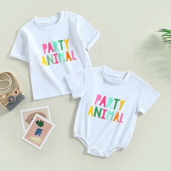 Детски тела / тениска за момчета и момичета с цветни писмото принтом, тела с кръгло деколте и къс ръкав, Летни боди за новородени