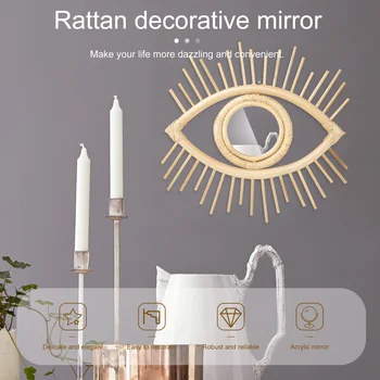 Огледало с ръчно изработени, преносими монтиране на декоративна украса от ратан в стил Бохо, естетичен ретро зъл декор