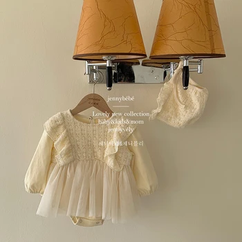 Очарователно рокля-поличка от тюл за новородени момичета, костюм на 1-ви рожден Ден, Завързана гащеризон с дълъг ръкав за малки момичета, гащеризон