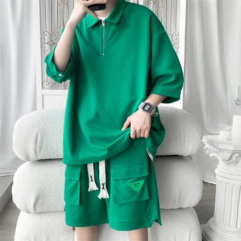 Polo ризи с къс ръкав + Шорти Модни Гофрети Свободни Ежедневни Мъжки комплекти Лесна Градинска Дрехи С Отложным яка Зелен Цвят Плюс Размер 5XL-M