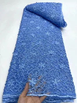5 ярда синя нигерийски завързана кърпа, висококачествено френско сетчатое дантела с камъни за шивашки голям случайно сватбена рокля в стил нигерия