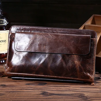 Масло-восък портфейл от телешка кожа, удобни чанти на китката, ретро държач за карти, джоб за мобилен телефон, чанта за пари, мъжки дълъг портфейл-клатч от естествена кожа