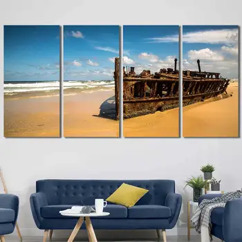 Художествена печат HD Картина върху платно в рамка Плаж, Море от Облаци в Синьото небе Лодка Пясъчен остров корабокрушение е Готова да се закача за хол