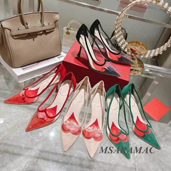 Пикантни Червени Велурени Обувки От PVC На Висок Ток, Висококачествени Вечерни Обувки От Естествена Кожа, Модел Обувки С Остри Пръсти, Летни Дамски Обувки-Cougars