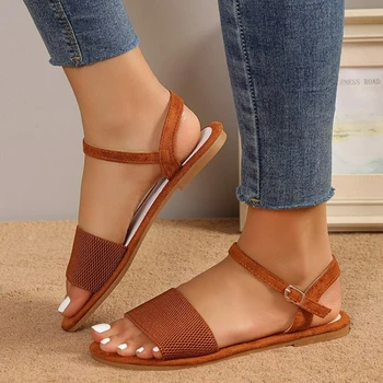 Дамски сандали, летни 2023, модни плажни обувки от каучук с катарама, дамски ежедневни сандали на равна подметка с отворени пръсти, удобни дамски обувки