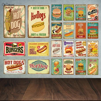 Класически американски Хот-дога Хамбургер Метални табели Ретро заведения за Бързо хранене Burger Плакат Кухня, магазин и Кафе Бар Начало Декор на стените YA030